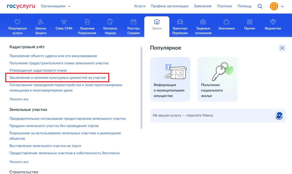 Выбор услуги на портале Госуслуги